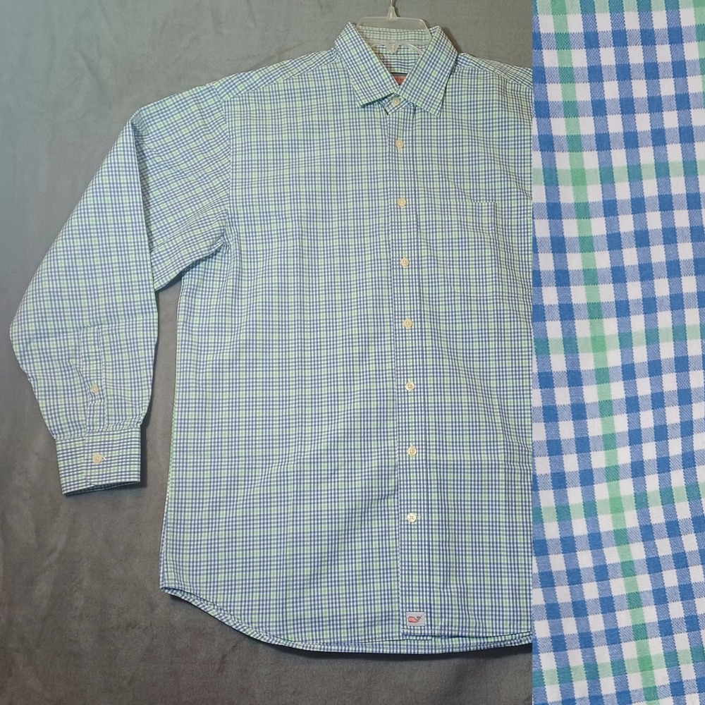 Vineyard Vines Burgee Shirt Mens Large Blue Whale Cool Green Gingham